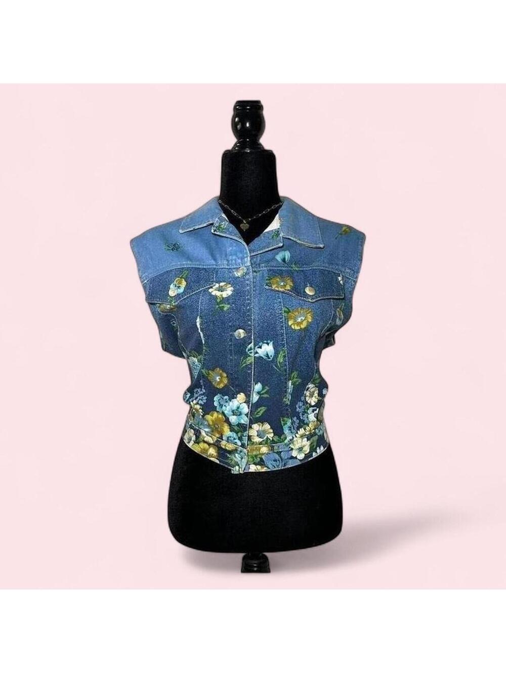 Bianca Maria Caselli Floral Denim Vest Jean Jacket Boho Size S